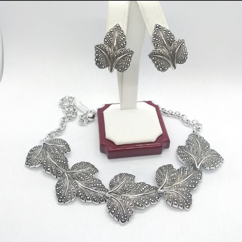 West Germany ELOXAL Marcasite Leaves Jewelry Set